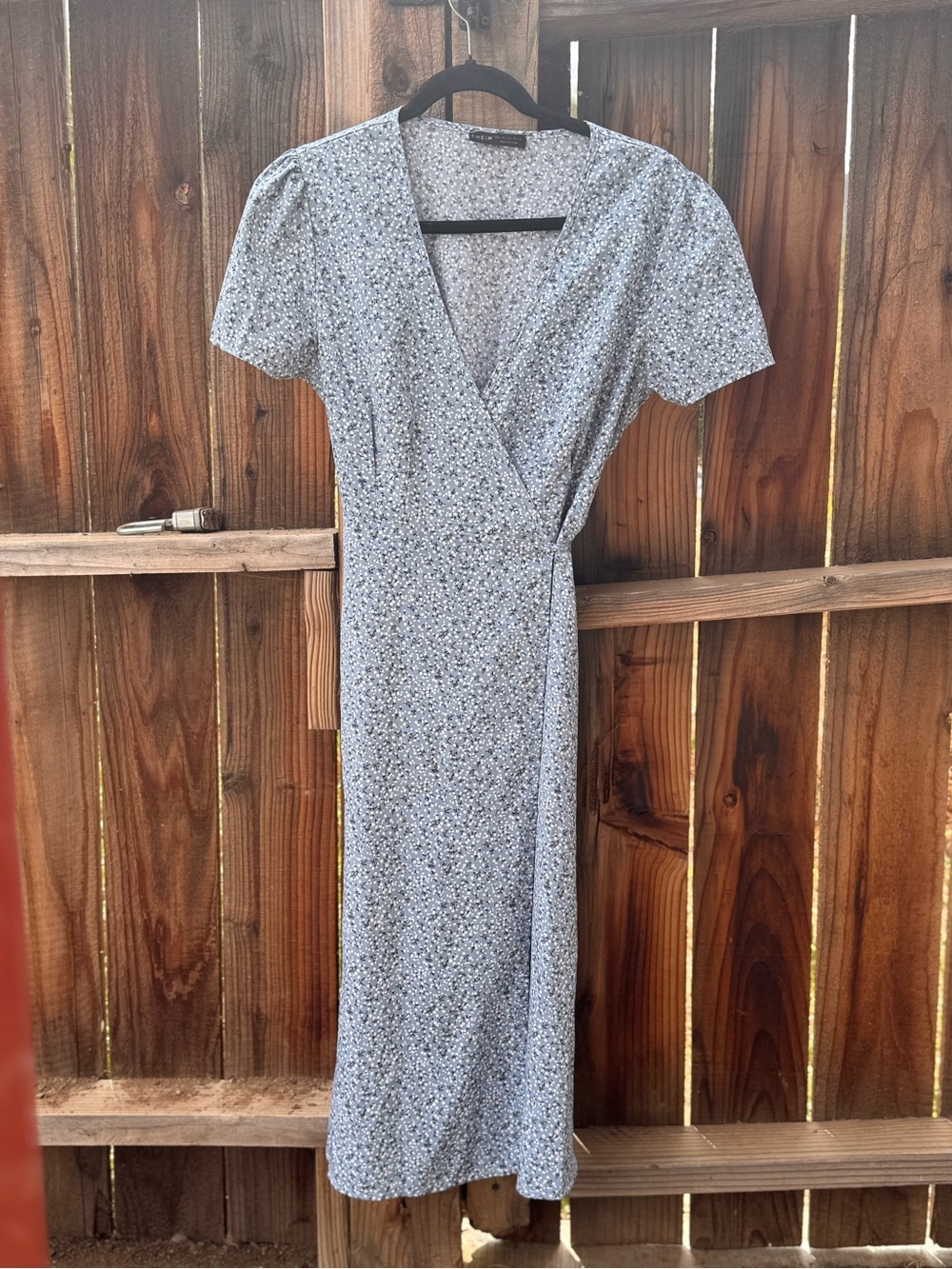 SHEIN Light Blue Floral Wrap Midi Dress